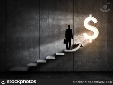 Great plan for financial growth. Businessman running on ladder leading to financial success