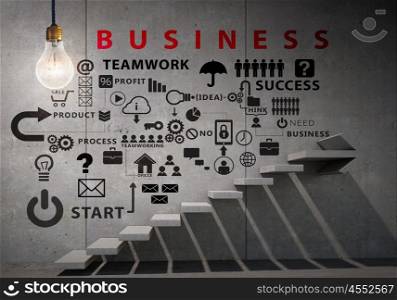 Great plan for success achieving. Business strategy plan over ladder leading to success