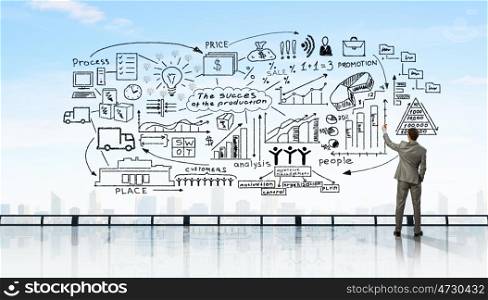 Great plan fot reaching top. Back view of businessman on building top drawing business plan sketches