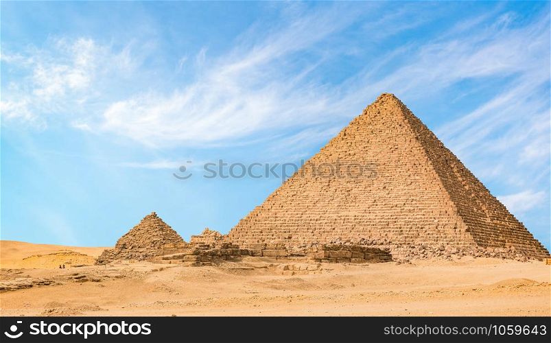 Great Pyramid of Menkaur in the desert of Giza, Egypt. Pyramid of Menkaur