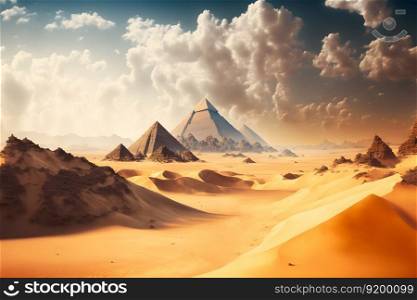 Great pyramids from Giza, Egypt in sunny daytime. Neural network AI generated art. Great pyramids from Giza, Egypt in sunny daytime. Neural network generated art