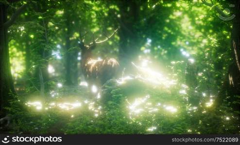 great red deer stag in a forest at summer. Great Red Deer in a Green Forest