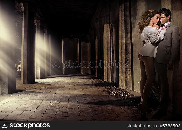 Great shot of sensual couple in antique place