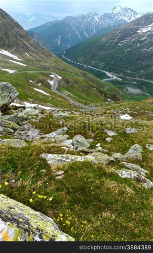 Great St. Bernard Pass summer landscape. It located in Switzerland in the canton of Valais, very close to Italy.