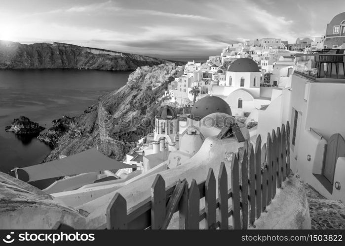 Great twilight view of Santorini island. Sunset on the famous Oia city, Greece, Europe