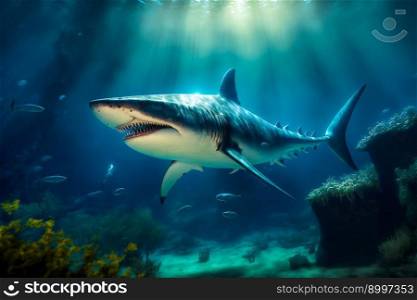 Great White Shark Underwater.  Image created with Generative AI technology