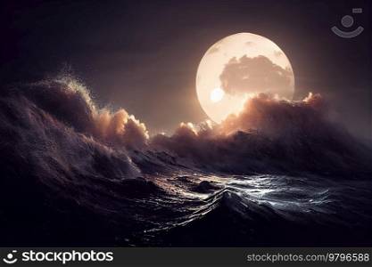 Greate wave in ocean, storm at night with moonlight, illustration. Greate Wave in ocean