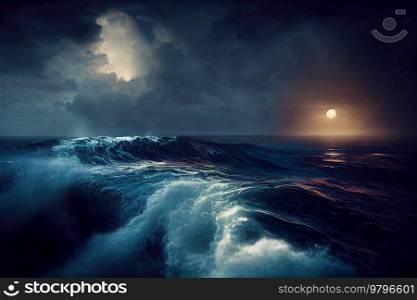 Greate wave in ocean, storm under evening sky and moonlight. Greate Wave in ocean
