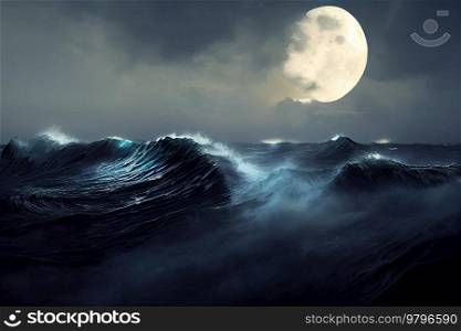 Greate wave in ocean, storm under evening sky and moonlight, illustration. Greate Wave in ocean