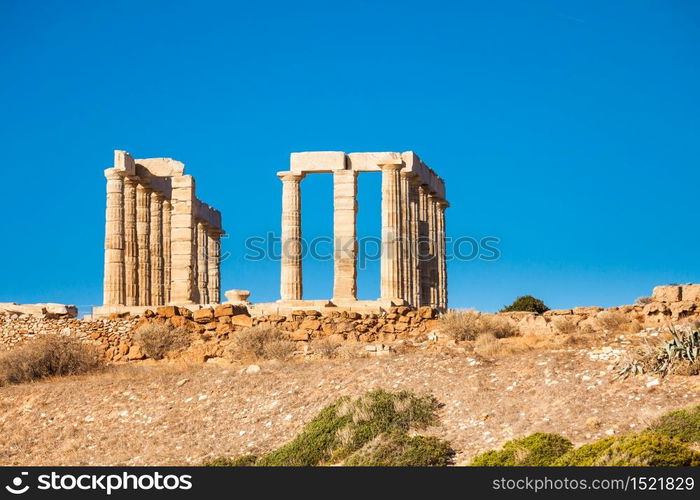 Greece Cape Sounion. Ruins of an ancient temple of Poseidon. Travel destinations.. Greek temple of Poseidon Cape Sounio