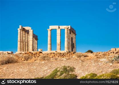 Greece Cape Sounion. Ruins of an ancient temple of Poseidon. Travel destinations.. Greek temple of Poseidon Cape Sounio