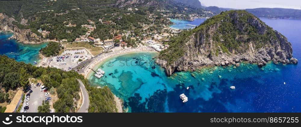 Greece. Corfu island best beaches. Stunning Paleokastritsa bay with turquoise sea. Aerial drone view of Agios Spiridon beach
