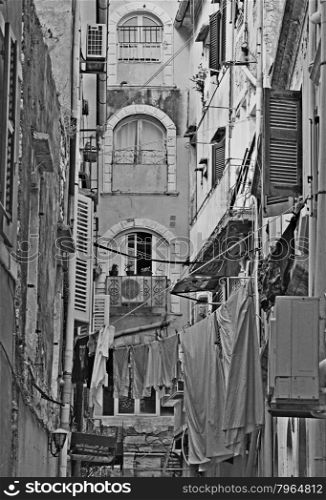 Greece. Corfu (Kerkyra) island. A typical courtyard in the center of Corfu Town. In black and white