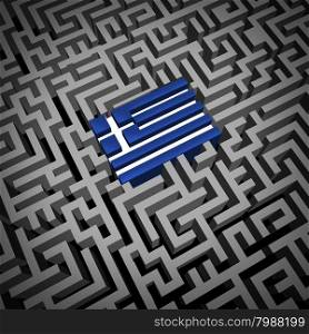 Greece crisis or Greek debt crisis and austerity management concept as the blue and white flag inside a complicated maze or labyrinth as an Athens financial metaphor for European economic social issues.