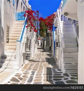 Greece , Cyclades. Charming whitewashed narrow streets of beautiful Mykonos island. typical cycladic architecture