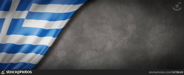 Greece flag on concrete wall. Horizontal panoramic banner. 3D illustration. Greek flag on concrete wall banner