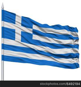 Greece Flag on Flagpole , Flying in the Wind, Isolated on White Background