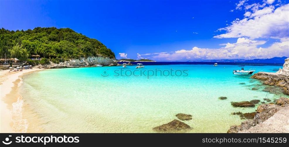 Greece holidays. One of the best beaches of Ionian islands - Vrika in Antipaxos with white sands and turquoise sea. Antipaxos island - smallest in Ionian group. Greece