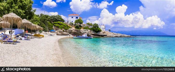 Greece. Idyllic beautiful beaches of Samos island - beautiful Limnionas with turquoise sea. Best beaches of Samos island - Limnionas. Greece