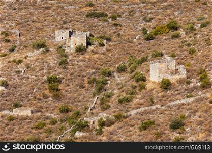 Greece Mani Peninsula. Traditional style stone tower house. Laconia Peloponnese, Europe. Stone old tower house on Mani, Greece.