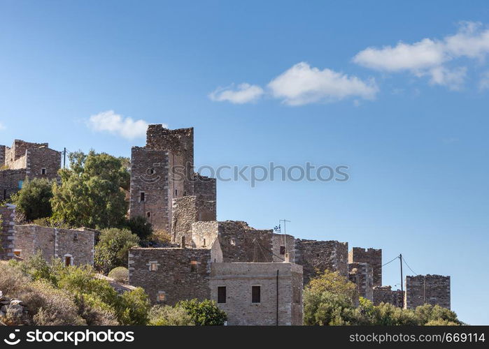 Greece Mani Peninsula. Traditional style stone tower house. Laconia Peloponnese, Europe. Stone old tower house on Mani, Greece.