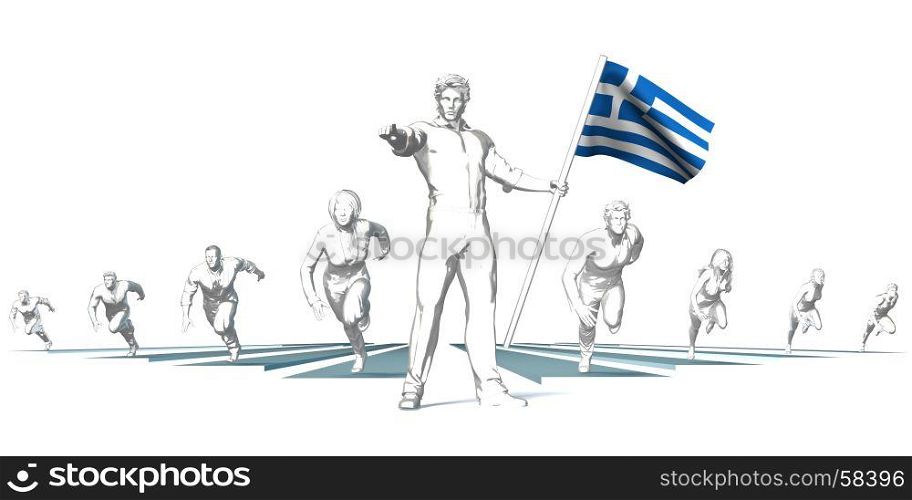 Greece Racing to the Future with Man Holding Flag. Greece Racing to the Future