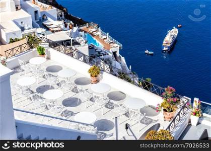Greece Santorini island, caldera view with cruise ship on sea - Image