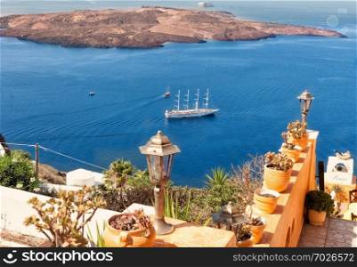 Greece Santorini island, caldera view with cruise ship on sea - Image