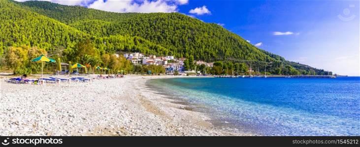 Greece, Sporades. Relaxing beach scenery - beautiful Skopelos island, Neo Klima village. . Skopelos island, beautiful beach in Neo Klima. Greece