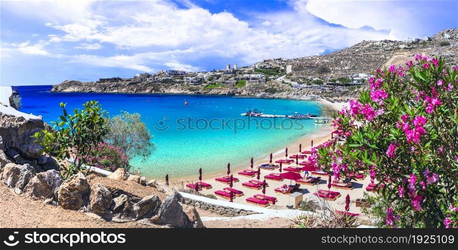 Greece summer holidays. Cyclades .Most famous and beautiful beaches of Mykonos island - Super Paradise beach popular tourist resort