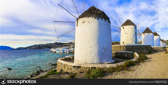 Greece travel and landmarks. Traditional old windmill in Mykonos island, Cyclades
