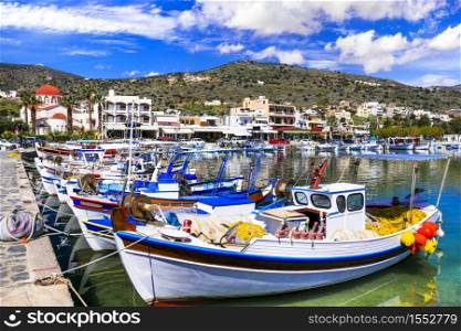 Greece travel. Beautiful places of Crete island - pictorial fishing village Elounda. . Crete holidays - Elounda , traditional fishing village. Greece