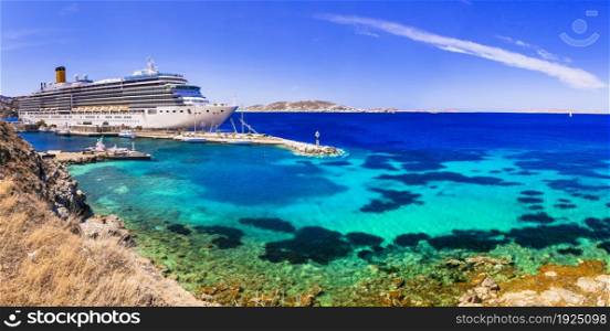 Greece travel. Cruise ship liner in New port of Mykonos, Cyclades