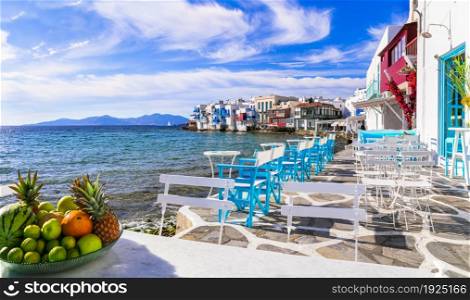"Greece travel,Cyclades. luxury Mykonos island. "Little Venice" popular place in downtown with bars and restaurants by the sea"