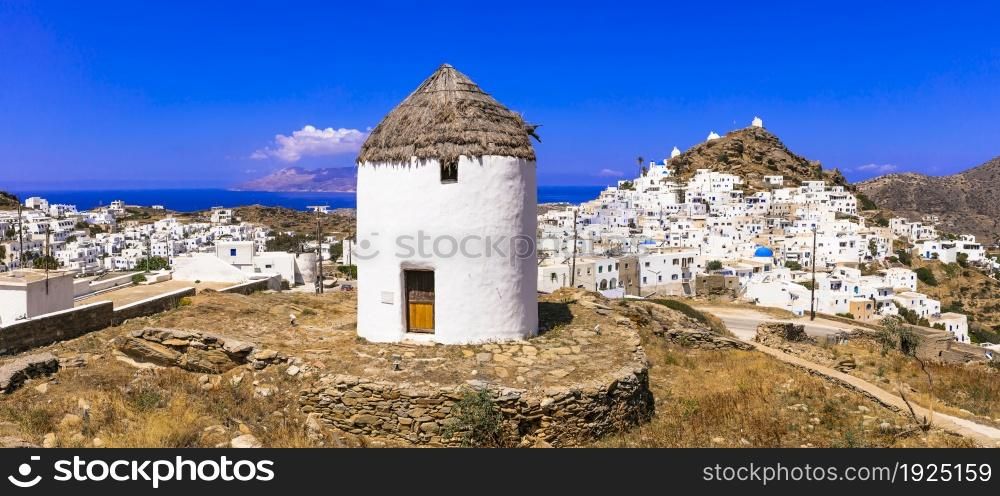 Greece travel, Cyclades. Scenic Ios island, view of picturesque Chora village and old windmills