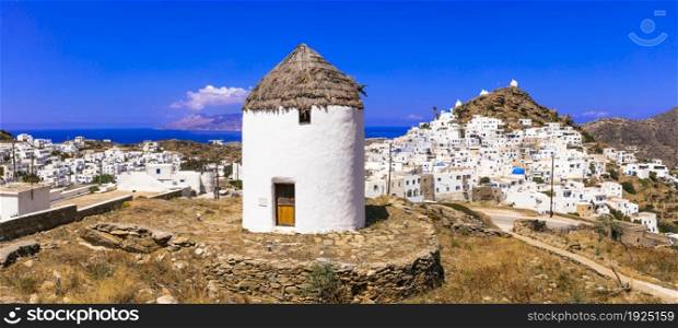 Greece travel, Cyclades. Scenic Ios island, view of picturesque Chora village and old windmills