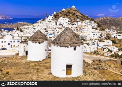 Greece travel. Cyclades. Traditional old windmills of Ios island. View of Chora village