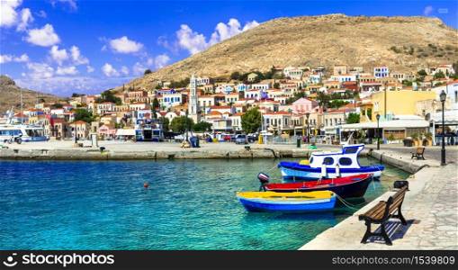 Greece travel. Dodecanese small island Chalki, colorful harbour. Colors of Greece series - beautiful island Chalki (Dodecanese)