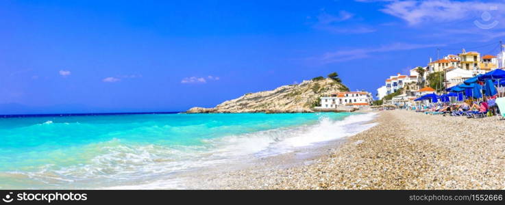 Greece travel. Most beautiful village and beaches of Samos island - Kokkari. Popular tourist destination. Greece best beaches and places - Kokkari village