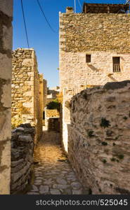 Greece Vatheia village. Old abandoned tower houses in Vathia Mani Peninsula Laconia Peloponnese, Europe.. Tower houses in Vathia Greece Mani Peninsula