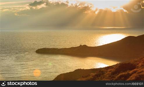 Greek coastline at early morning sun rising, Greece Peloponnese Mani. Beautiful landscape natural scenery.. Greek coast at sunrise Peloponnese Mani