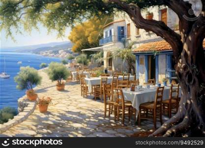 Greek culture with traditional white and blue greek architecture, taverna. Generative AI. Greek culture with traditional white and blue greek architecture, taverna