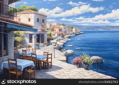 Greek culture with traditional white and blue greek architecture, taverna. Generative AI. Greek culture with traditional white and blue greek architecture, taverna