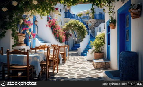 Greek culture with traditional white and blue greek architecture, taverna. Generative AI. Greek culture with traditional white and blue greek architecture, taverna