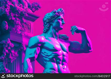 Greek god sculpture in retrowave city pop design, vaporwave style colors