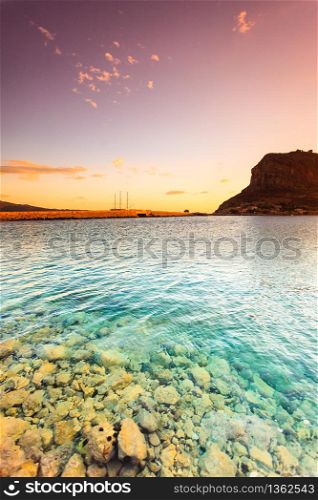 Greek island Monemvasia at early morning, Greece, east coast of the Peloponnese, Lakonia. Travel destinations.. Monemvasia island at morning, Greece