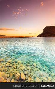 Greek island Monemvasia at early morning, Greece, east coast of the Peloponnese, Lakonia. Travel destinations.. Monemvasia island at morning, Greece
