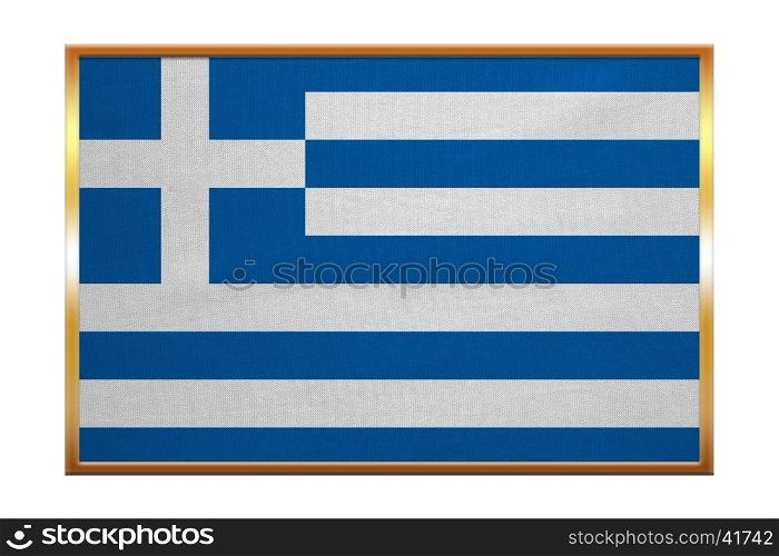 Greek national official flag. Patriotic symbol, banner, element, background. Correct colors. Flag of Greece , golden frame, fabric texture, illustration. Accurate size, color