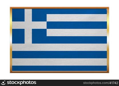 Greek national official flag. Patriotic symbol, banner, element, background. Correct colors. Flag of Greece , golden frame, fabric texture, illustration. Accurate size, color