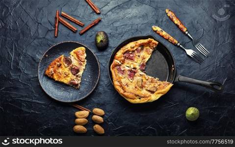Greek omelet with figs and almonds.Healthy diet food.Top view. Omelet with figs,heathy food